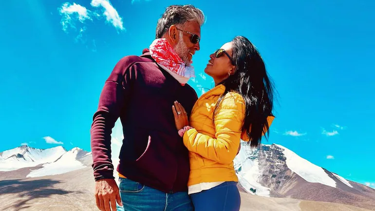 Milind Soman poses with wife Ankita Konwar at 17,000 feet